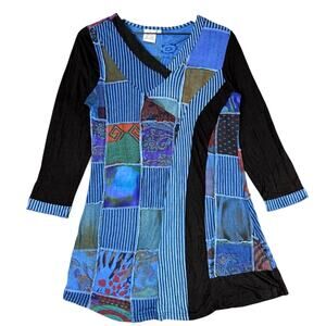 Parsley & Sage Tunic Dress M Patchwork Colorful Artsy Boho Lagenlook Blue Black